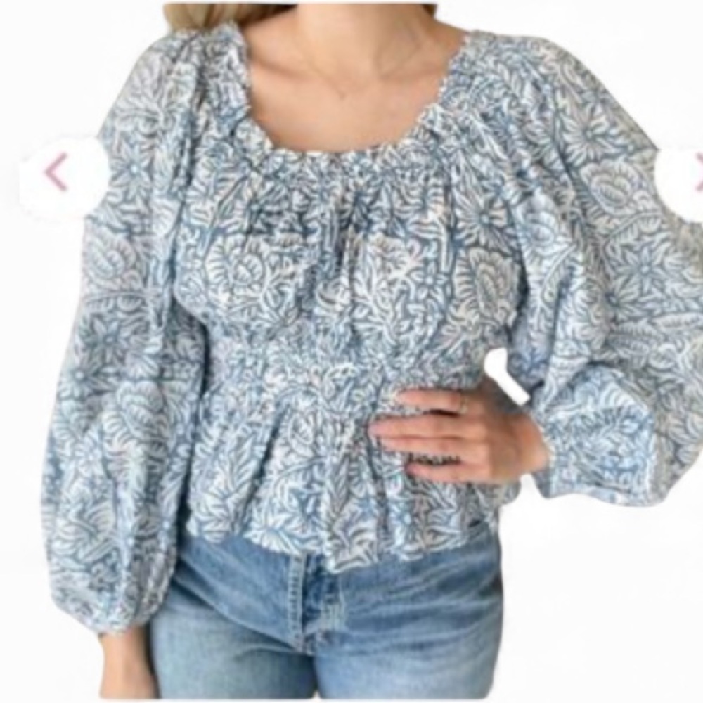 Anna Cate Elegant Lezza Blouse Top Blue White Floral Flare Long Sleeves Boho